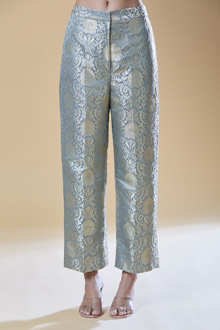 Buy Samyukta Singhania Grey Brocade Embroidery Round Neck Floral Straight Kurta With Pant Online at Aza Fashions Buy_Samyukta Singhania_Grey Brocade Embroidery Round Neck Floral Straight Kurta With Pant _Online_at_Aza_Fashions