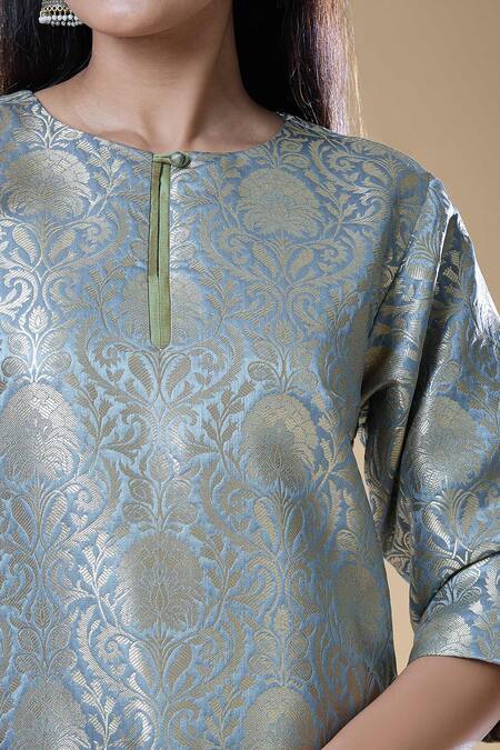 Buy Samyukta Singhania Grey Brocade Embroidery Round Neck Floral Straight Kurta With Pant Buy_Samyukta Singhania_Grey Brocade Embroidery Round Neck Floral Straight Kurta With Pant