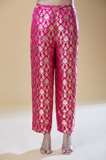 Buy Samyukta Singhania Pink Brocade Embroidery V-neck Floral Woven A-line Kurta With Pant Buy_Samyukta Singhania_Pink Brocade Embroidery V-neck Floral Woven A-line Kurta With Pant