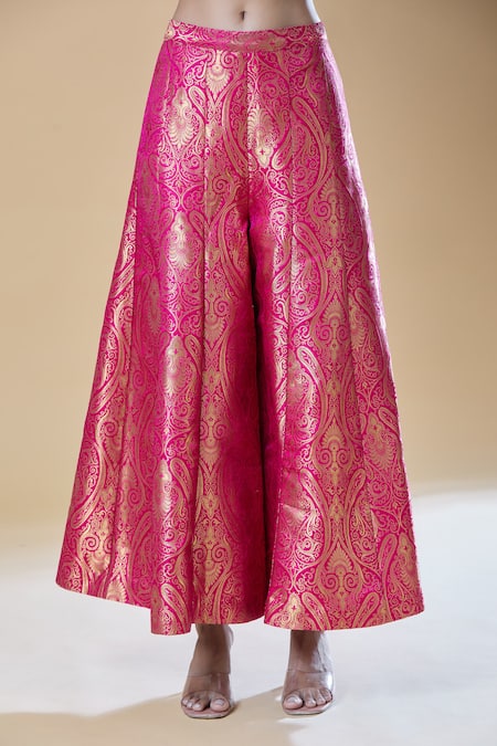 Buy_Samyukta Singhania_Pink Brocade Embroidery, Zari Split Paisley Woven Short Kurta With Kalidar Pant _Online_at_Aza_Fashions