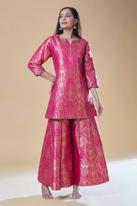 Shop_Samyukta Singhania_Pink Brocade Embroidery, Zari Split Paisley Woven Short Kurta With Kalidar Pant _Online_at_Aza_Fashions