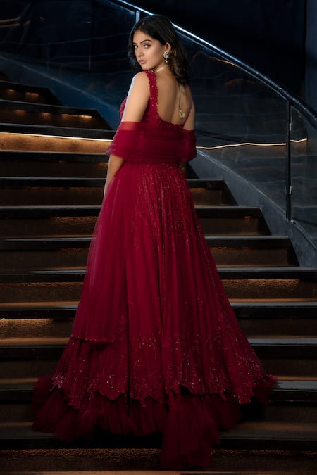 Aakansha Gupta Red Silk, Net, Organza Sequins, Cut Work, Zardozi Floral Embroidered Lehenga Set Online at Aza Fashions Aakansha Gupta_Red Silk, Net, Organza Sequins, Cut Work, Zardozi Floral Embroidered Lehenga Set _Online_at_Aza_Fashions