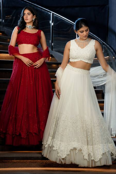 Aakansha Gupta Red Silk, Net, Organza Sequins, Cut Work, Zardozi Floral Embroidered Lehenga Set at Aza Fashions Aakansha Gupta_Red Silk, Net, Organza Sequins, Cut Work, Zardozi Floral Embroidered Lehenga Set _at_Aza_Fashions