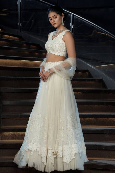 Shop_Aakansha Gupta_Ivory Silk, Organza, Crystalline Zardozi Tonal Floral Embroidered Lehenga Set _Online_at_Aza_Fashions