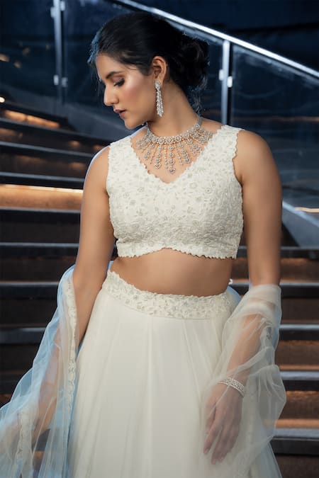 Aakansha Gupta_Ivory Silk, Organza, Crystalline Zardozi Tonal Floral Embroidered Lehenga Set _at_Aza_Fashions