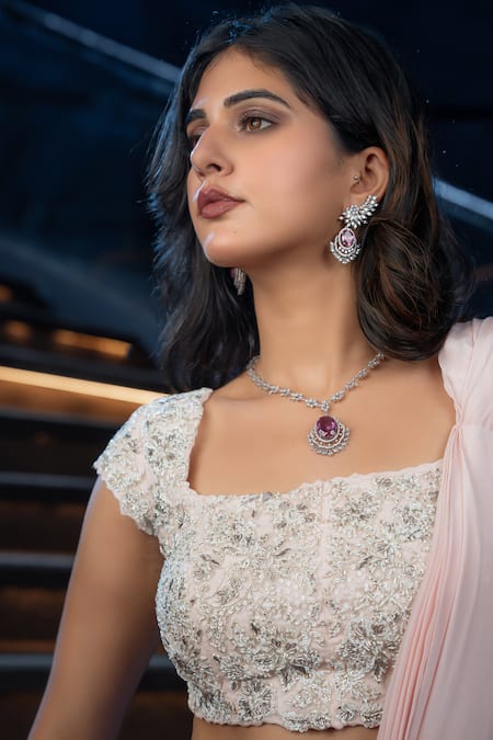 Shop_Aakansha Gupta_Pink Organza, Net, Crepe Plain Ruffle Pre-draped Saree With Embroidered Blouse _Online_at_Aza_Fashions