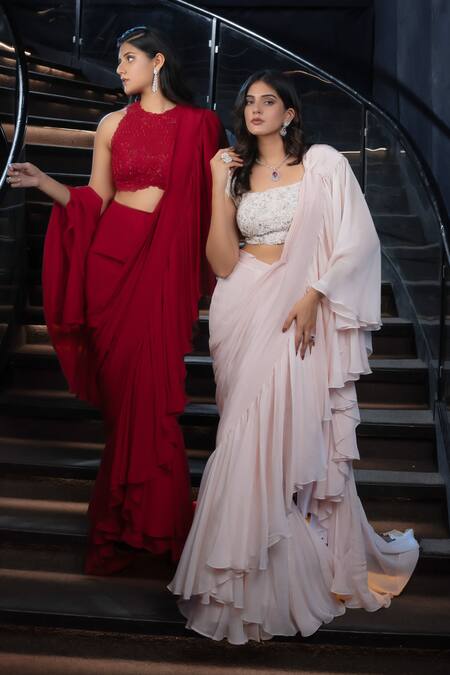 Buy_Aakansha Gupta_Pink Organza, Net, Crepe Plain Ruffle Pre-draped Saree With Embroidered Blouse 