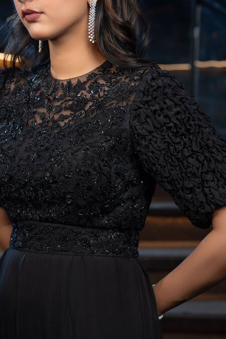 Buy_Aakansha Gupta_Black Organza, Net Sequins, Embroidery Round Neck Tonal Thread Jumpsuit _Online_at_Aza_Fashions
