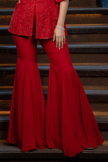 Shop_Aakansha Gupta_Red Organza, Net Embroidery, Sequins Dora Floral Peplum Kurta With Flared Pant _Online_at_Aza_Fashions