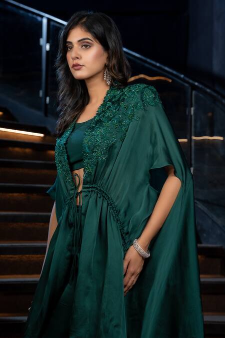 Buy_Aakansha Gupta_Green Organza Sequins, Embroidery Quinin Floral Ruched Cape Flared Pant Set _Online_at_Aza_Fashions