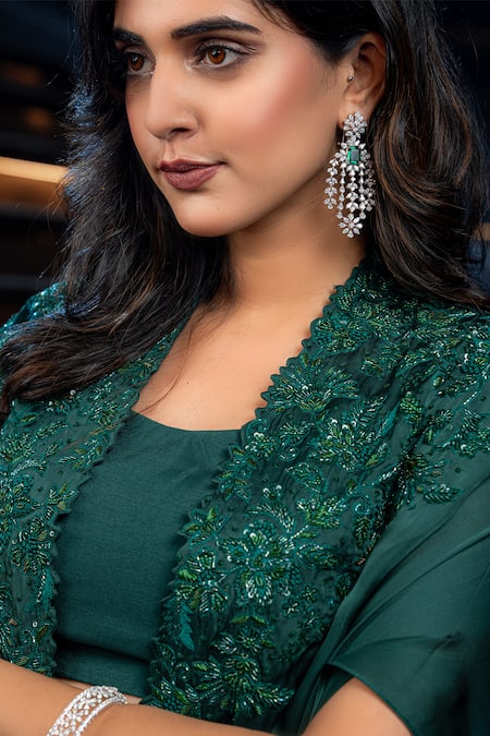 Shop_Aakansha Gupta_Green Organza Sequins, Embroidery Quinin Floral Ruched Cape Flared Pant Set _Online_at_Aza_Fashions