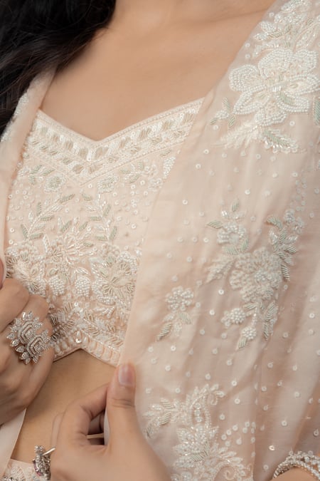 Buy_Aakansha Gupta_Peach Organza Sequins, Cut Work, Embroidery Dahlia Pastel Lehenga Cape Set _Online_at_Aza_Fashions