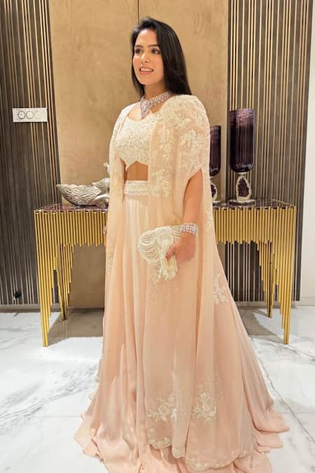 Shop_Aakansha Gupta_Peach Organza Sequins, Cut Work, Embroidery Dahlia Pastel Lehenga Cape Set _Online_at_Aza_Fashions