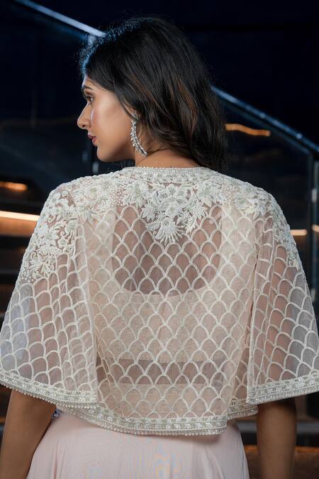 Shop_Aakansha Gupta_Pink Organza, Net Sequins, Embroidery V-neck Cosmo Pastel Lehenga Cape Set _Online_at_Aza_Fashions