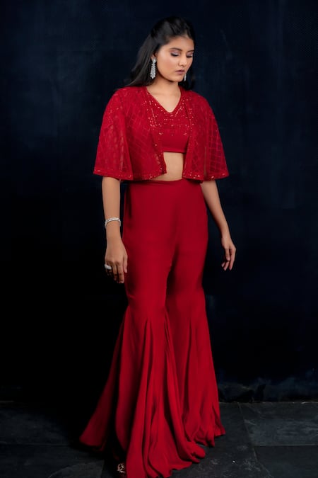 Aakansha Gupta_Red Silk, Organza Sequins, Embroidery, Scalloped Dana Jacket Flared Pant Set _Online_at_Aza_Fashions
