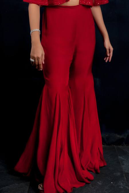 Buy_Aakansha Gupta_Red Silk, Organza Sequins, Embroidery, Scalloped Dana Jacket Flared Pant Set _Online_at_Aza_Fashions