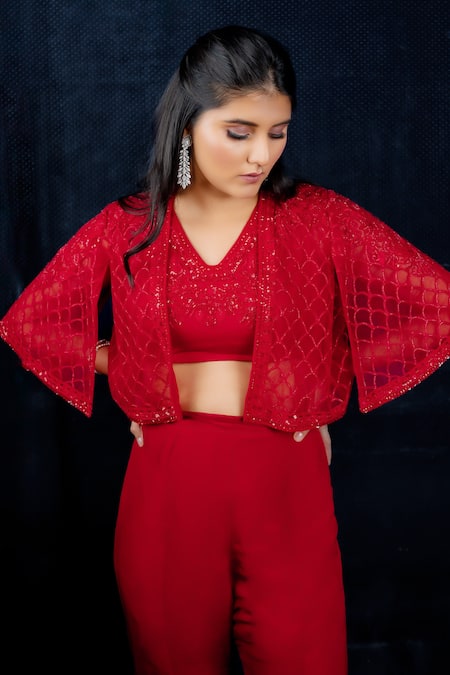 Shop_Aakansha Gupta_Red Silk, Organza Sequins, Embroidery, Scalloped Dana Jacket Flared Pant Set _Online_at_Aza_Fashions