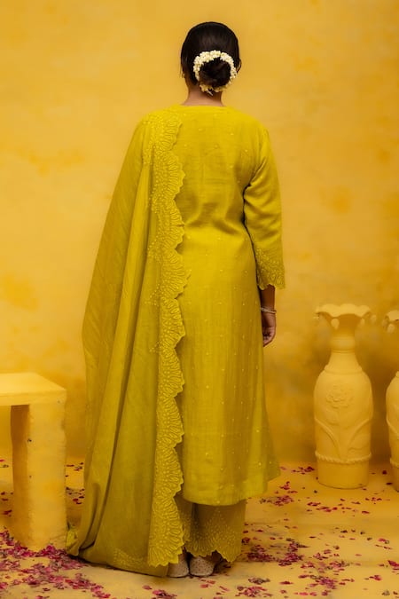 Shop Mithi Supari Yellow Chanderi, Cotton Embroidery, Cut Work Chonga Thread Butti Kurta Pant Set at Aza Fashions Shop_Mithi Supari_Yellow Chanderi, Cotton Embroidery, Cut Work Chonga Thread Butti Kurta Pant Set _at_Aza_Fashions