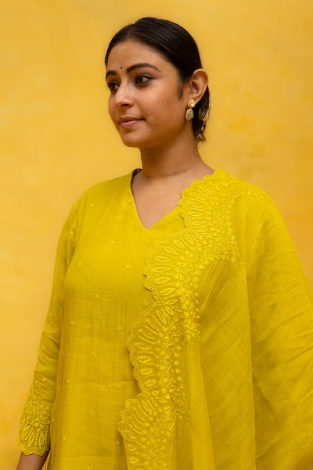 Mithi Supari Yellow Chanderi, Cotton Embroidery, Cut Work Chonga Thread Butti Kurta Pant Set Online at Aza Fashions Mithi Supari_Yellow Chanderi, Cotton Embroidery, Cut Work Chonga Thread Butti Kurta Pant Set _Online_at_Aza_Fashions