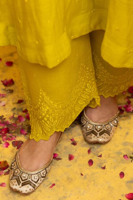 Buy Mithi Supari Yellow Chanderi, Cotton Embroidery, Cut Work Chonga Thread Butti Kurta Pant Set Online at Aza Fashions Buy_Mithi Supari_Yellow Chanderi, Cotton Embroidery, Cut Work Chonga Thread Butti Kurta Pant Set _Online_at_Aza_Fashions