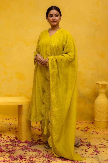 Shop Mithi Supari Yellow Chanderi, Cotton Embroidery, Cut Work Chonga Thread Butti Kurta Pant Set Online at Aza Fashions Shop_Mithi Supari_Yellow Chanderi, Cotton Embroidery, Cut Work Chonga Thread Butti Kurta Pant Set _Online_at_Aza_Fashions