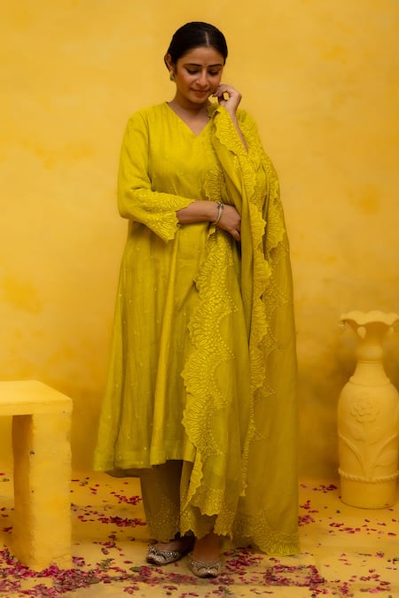 Mithi Supari Yellow Chanderi, Cotton Embroidery, Cut Work Chonga Thread Butti Kurta Pant Set at Aza Fashions Mithi Supari_Yellow Chanderi, Cotton Embroidery, Cut Work Chonga Thread Butti Kurta Pant Set _at_Aza_Fashions