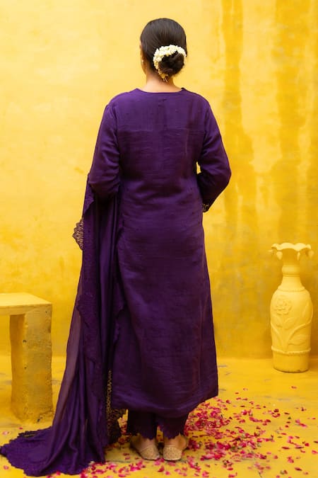 Shop Mithi Supari Purple Chanderi, Cotton Embroidery, Cut Work V-neck Chonga Butti Kurta Pant Set at Aza Fashions Shop_Mithi Supari_Purple Chanderi, Cotton Embroidery, Cut Work V-neck Chonga Butti Kurta Pant Set _at_Aza_Fashions