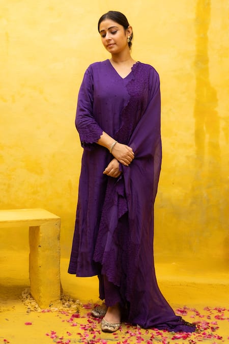 Mithi Supari Purple Chanderi, Cotton Embroidery, Cut Work V-neck Chonga Butti Kurta Pant Set Online at Aza Fashions Mithi Supari_Purple Chanderi, Cotton Embroidery, Cut Work V-neck Chonga Butti Kurta Pant Set _Online_at_Aza_Fashions