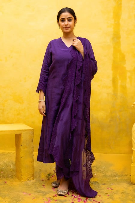Buy Mithi Supari Purple Chanderi, Cotton Embroidery, Cut Work V-neck Chonga Butti Kurta Pant Set Online at Aza Fashions Buy_Mithi Supari_Purple Chanderi, Cotton Embroidery, Cut Work V-neck Chonga Butti Kurta Pant Set _Online_at_Aza_Fashions