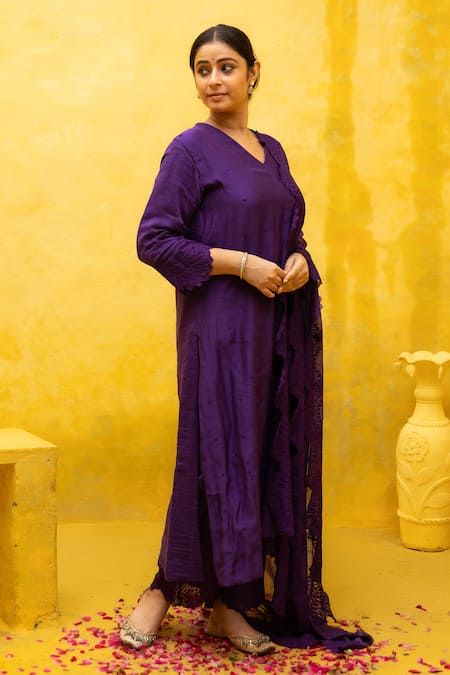 Shop Mithi Supari Purple Chanderi, Cotton Embroidery, Cut Work V-neck Chonga Butti Kurta Pant Set Online at Aza Fashions Shop_Mithi Supari_Purple Chanderi, Cotton Embroidery, Cut Work V-neck Chonga Butti Kurta Pant Set _Online_at_Aza_Fashions
