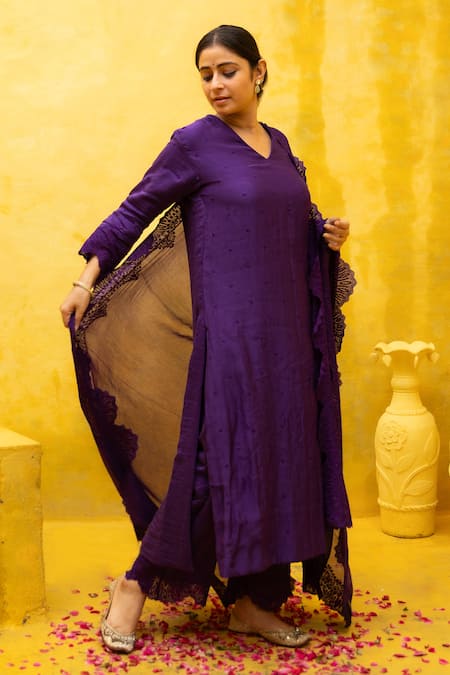 Mithi Supari Purple Chanderi, Cotton Embroidery, Cut Work V-neck Chonga Butti Kurta Pant Set at Aza Fashions Mithi Supari_Purple Chanderi, Cotton Embroidery, Cut Work V-neck Chonga Butti Kurta Pant Set _at_Aza_Fashions