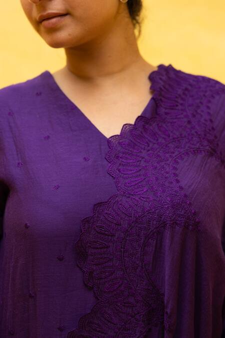 Buy Mithi Supari Purple Chanderi, Cotton Embroidery, Cut Work V-neck Chonga Butti Kurta Pant Set Buy_Mithi Supari_Purple Chanderi, Cotton Embroidery, Cut Work V-neck Chonga Butti Kurta Pant Set