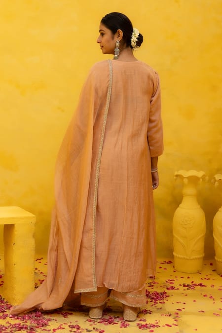 Shop Mithi Supari Pink Chanderi Embroidery, Sequins, Gota Patti, Zari Shaila Zardozi Kurta Set at Aza Fashions Shop_Mithi Supari_Pink Chanderi Embroidery, Sequins, Gota Patti, Zari Shaila Zardozi Kurta Set _at_Aza_Fashions