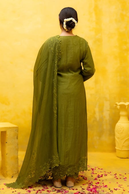 Shop Mithi Supari Green Chanderi, Cotton Embroidery, Cut Work V-neck Ratna Thread Kurta Set at Aza Fashions Shop_Mithi Supari_Green Chanderi, Cotton Embroidery, Cut Work V-neck Ratna Thread Kurta Set _at_Aza_Fashions