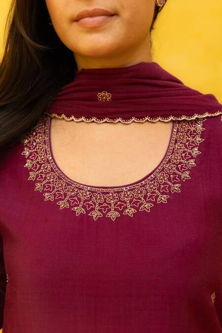 Mithi Supari Wine Chanderi, Cotton Embroidery, Zari Round Neck Kunthi Kurta Set Online at Aza Fashions Mithi Supari_Wine Chanderi, Cotton Embroidery, Zari Round Neck Kunthi Kurta Set _Online_at_Aza_Fashions