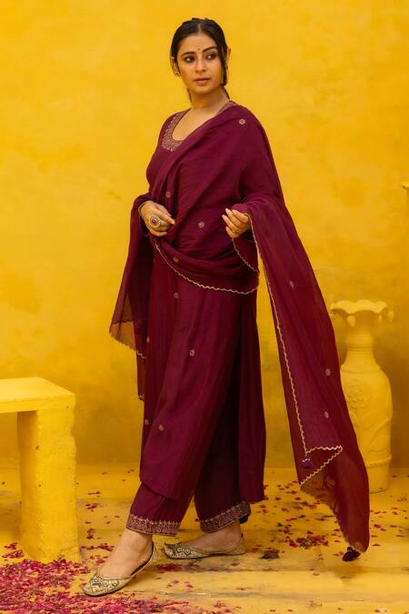 Shop Mithi Supari Wine Chanderi, Cotton Embroidery, Zari Round Neck Kunthi Kurta Set Online at Aza Fashions Shop_Mithi Supari_Wine Chanderi, Cotton Embroidery, Zari Round Neck Kunthi Kurta Set _Online_at_Aza_Fashions