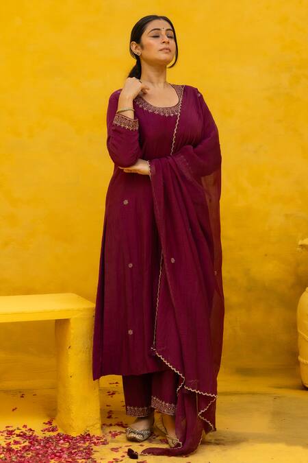 Mithi Supari Wine Chanderi, Cotton Embroidery, Zari Round Neck Kunthi Kurta Set at Aza Fashions Mithi Supari_Wine Chanderi, Cotton Embroidery, Zari Round Neck Kunthi Kurta Set _at_Aza_Fashions