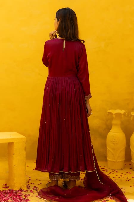 Shop Mithi Supari Wine Silk, Organza, Linen, Chanderi Embroidery, Cut Kadambari Anarkali Set at Aza Fashions Shop_Mithi Supari_Wine Silk, Organza, Linen, Chanderi Embroidery, Cut Kadambari Anarkali Set _at_Aza_Fashions