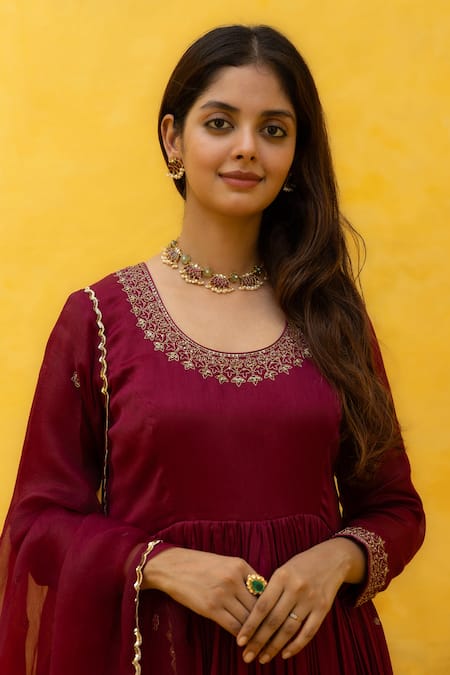 Mithi Supari Wine Silk, Organza, Linen, Chanderi Embroidery, Cut Kadambari Anarkali Set at Aza Fashions Mithi Supari_Wine Silk, Organza, Linen, Chanderi Embroidery, Cut Kadambari Anarkali Set _at_Aza_Fashions