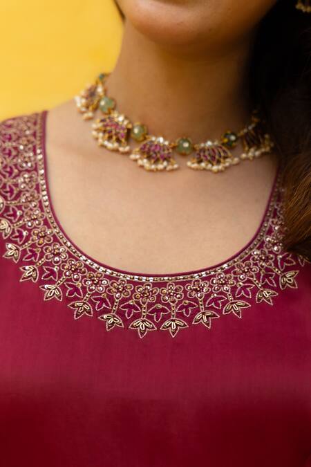 Buy Mithi Supari Wine Silk, Organza, Linen, Chanderi Embroidery, Cut Kadambari Anarkali Set Buy_Mithi Supari_Wine Silk, Organza, Linen, Chanderi Embroidery, Cut Kadambari Anarkali Set