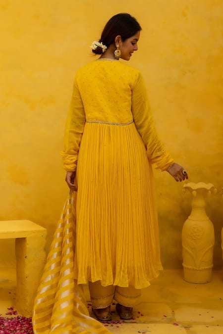 Shop Mithi Supari Yellow Silk, Cotton, Muslin, Tissue Embroidery, Tassels Rajni Anarkali Set at Aza Fashions Shop_Mithi Supari_Yellow Silk, Cotton, Muslin, Tissue Embroidery, Tassels Rajni Anarkali Set _at_Aza_Fashions