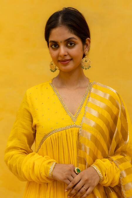 Mithi Supari Yellow Silk, Cotton, Muslin, Tissue Embroidery, Tassels Rajni Anarkali Set Online at Aza Fashions Mithi Supari_Yellow Silk, Cotton, Muslin, Tissue Embroidery, Tassels Rajni Anarkali Set _Online_at_Aza_Fashions