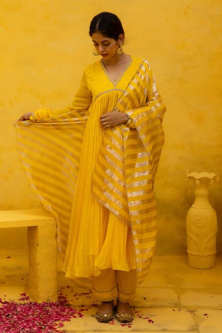 Shop Mithi Supari Yellow Silk, Cotton, Muslin, Tissue Embroidery, Tassels Rajni Anarkali Set Online at Aza Fashions Shop_Mithi Supari_Yellow Silk, Cotton, Muslin, Tissue Embroidery, Tassels Rajni Anarkali Set _Online_at_Aza_Fashions