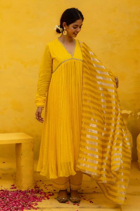 Mithi Supari Yellow Silk, Cotton, Muslin, Tissue Embroidery, Tassels Rajni Anarkali Set at Aza Fashions Mithi Supari_Yellow Silk, Cotton, Muslin, Tissue Embroidery, Tassels Rajni Anarkali Set _at_Aza_Fashions