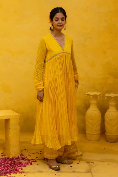 Buy Mithi Supari Yellow Silk, Cotton, Muslin, Tissue Embroidery, Tassels Rajni Anarkali Set Buy_Mithi Supari_Yellow Silk, Cotton, Muslin, Tissue Embroidery, Tassels Rajni Anarkali Set