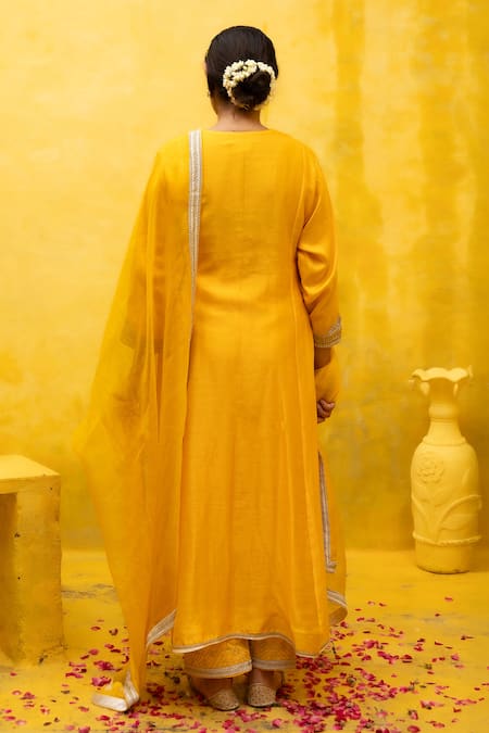 Shop Mithi Supari Yellow , , Chanderi, Embroidery, Zari Tilla Kurta Set at Aza Fashions Shop_Mithi Supari_Yellow , , Chanderi, Embroidery, Zari Tilla Kurta Set _at_Aza_Fashions