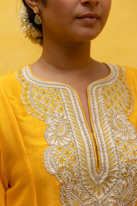 Shop Mithi Supari Yellow , , Chanderi, Embroidery, Zari Tilla Kurta Set Online at Aza Fashions Shop_Mithi Supari_Yellow , , Chanderi, Embroidery, Zari Tilla Kurta Set _Online_at_Aza_Fashions