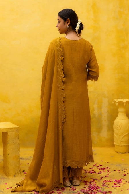 Shop Mithi Supari Yellow Chanderi, Cotton Beads, Cut Work, Embroidery V-neck Ruhh Kurta Set at Aza Fashions Shop_Mithi Supari_Yellow Chanderi, Cotton Beads, Cut Work, Embroidery V-neck Ruhh Kurta Set _at_Aza_Fashions