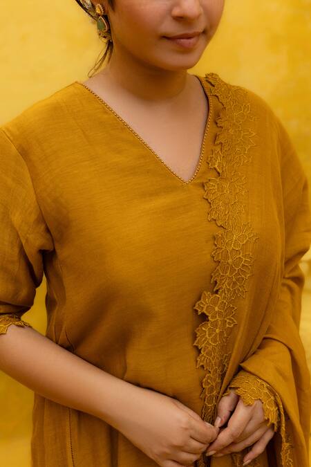 Mithi Supari Yellow Chanderi, Cotton Beads, Cut Work, Embroidery V-neck Ruhh Kurta Set Online at Aza Fashions Mithi Supari_Yellow Chanderi, Cotton Beads, Cut Work, Embroidery V-neck Ruhh Kurta Set _Online_at_Aza_Fashions
