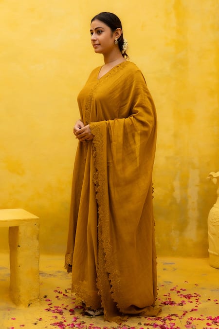 Buy Mithi Supari Yellow Chanderi, Cotton Beads, Cut Work, Embroidery V-neck Ruhh Kurta Set Online at Aza Fashions Buy_Mithi Supari_Yellow Chanderi, Cotton Beads, Cut Work, Embroidery V-neck Ruhh Kurta Set _Online_at_Aza_Fashions